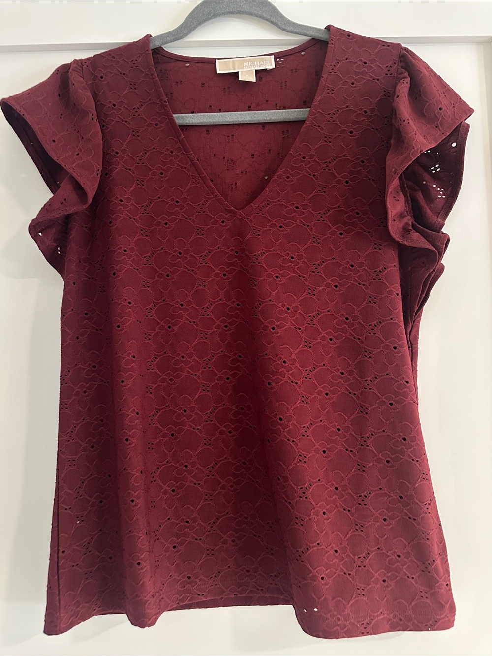 MICHAEL Michael Kors Burgundy Eyelet V-Neck Ruffle Sleeve Top